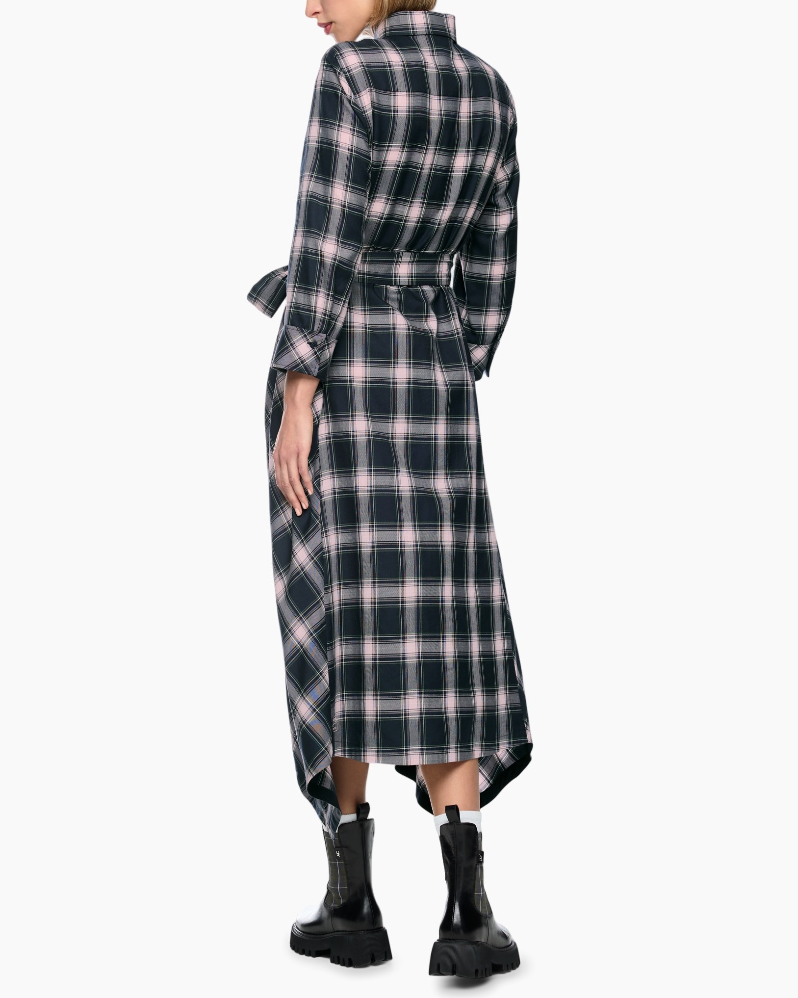 plaid, coat, long, belt, boots