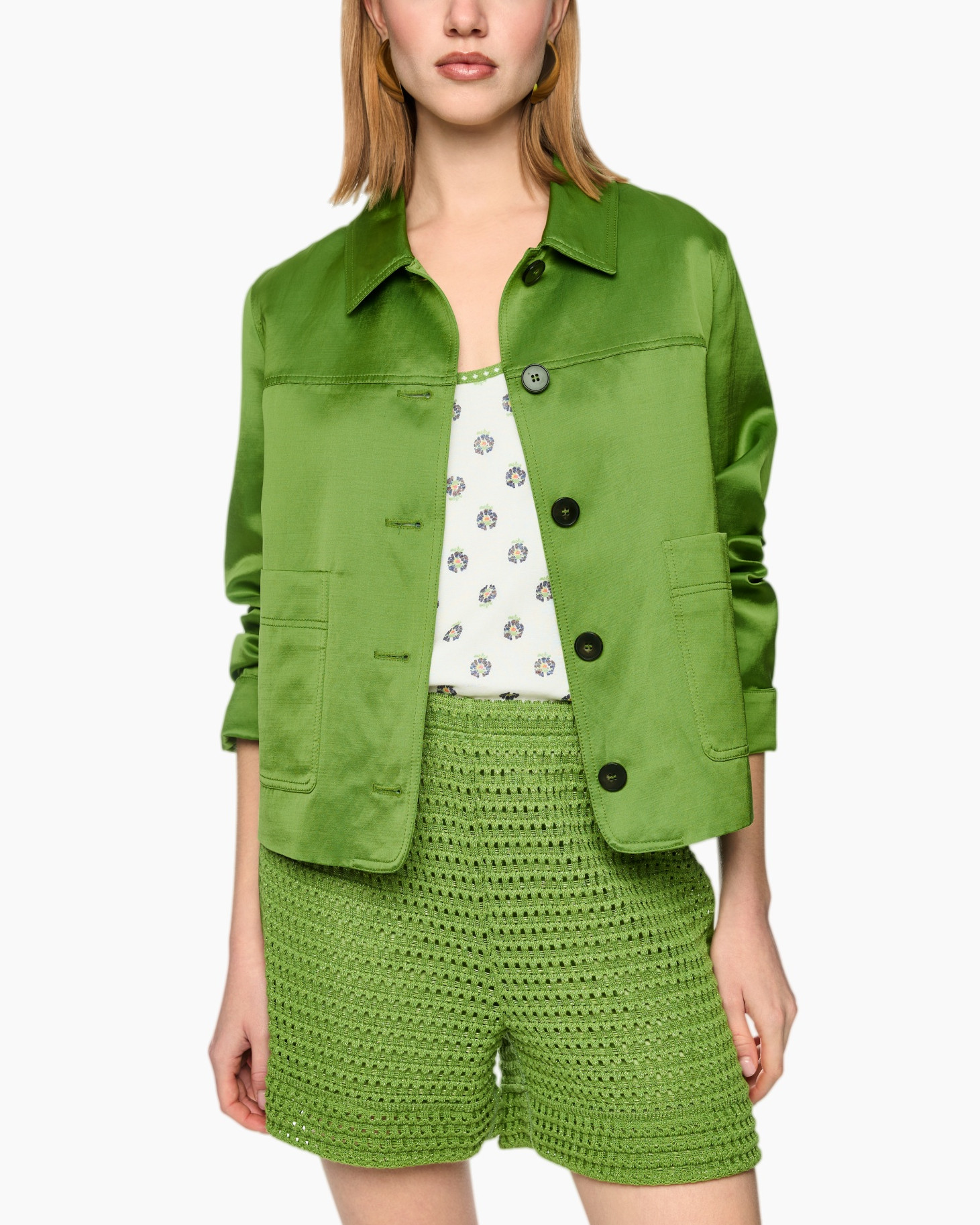 green jacket, button-front, long-sleeve, pocketed, knit shorts