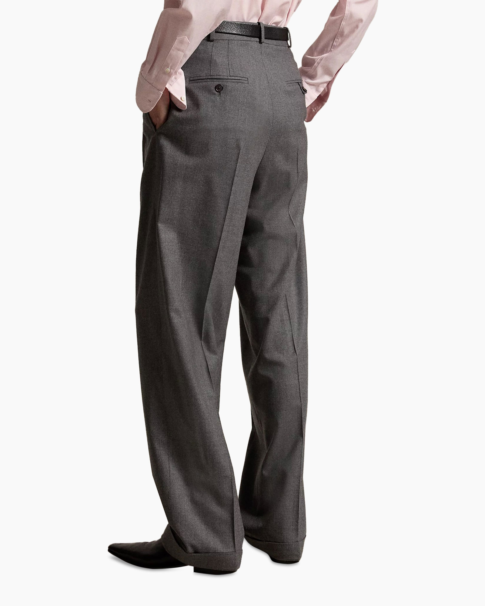 trousers, wide-leg, gray, pleated, belted