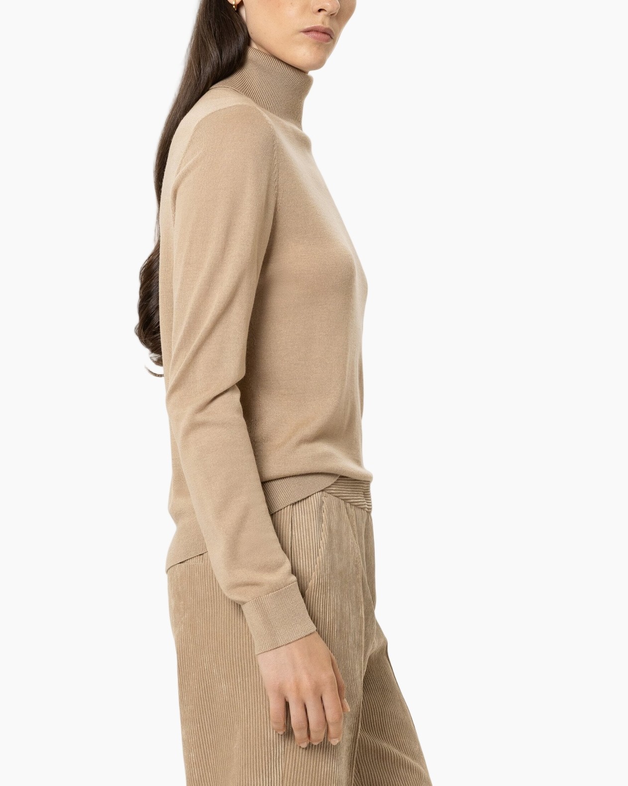turtleneck, beige, knit, corduroy, pants