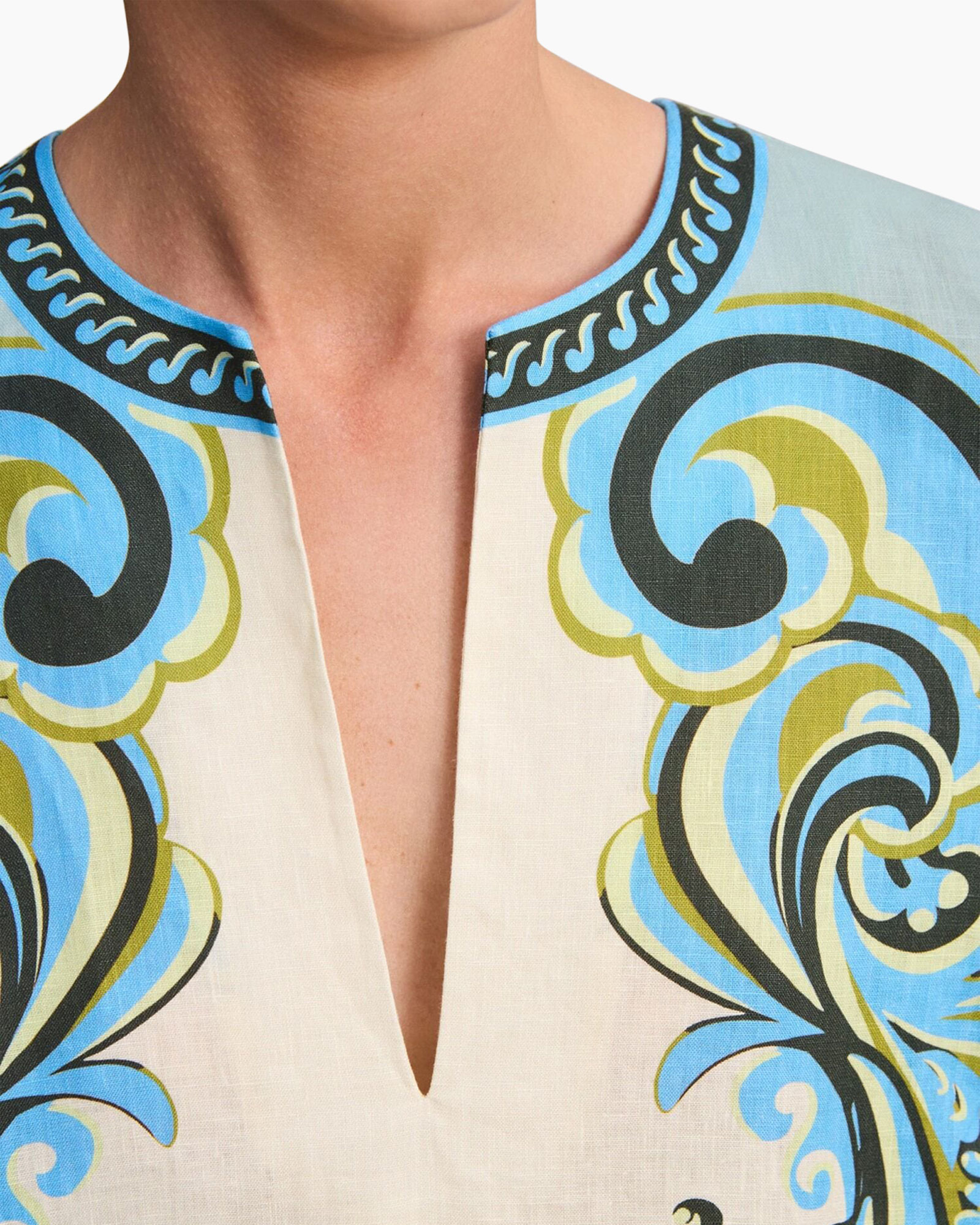 v-neck, plunge neckline, printed pattern, blue accents, beige top