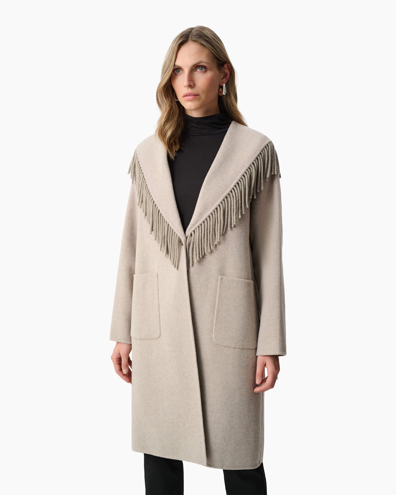 coat, fringe, beige, open-front, pockets