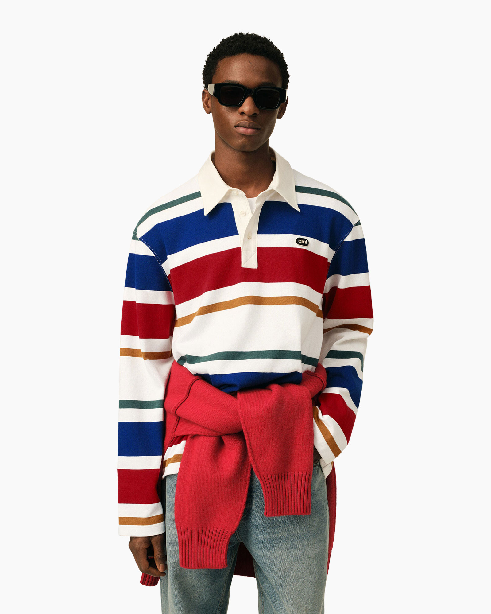 striped polo sweater, long-sleeve polo, colorful stripes, crewneck polo, sweater with cardigan