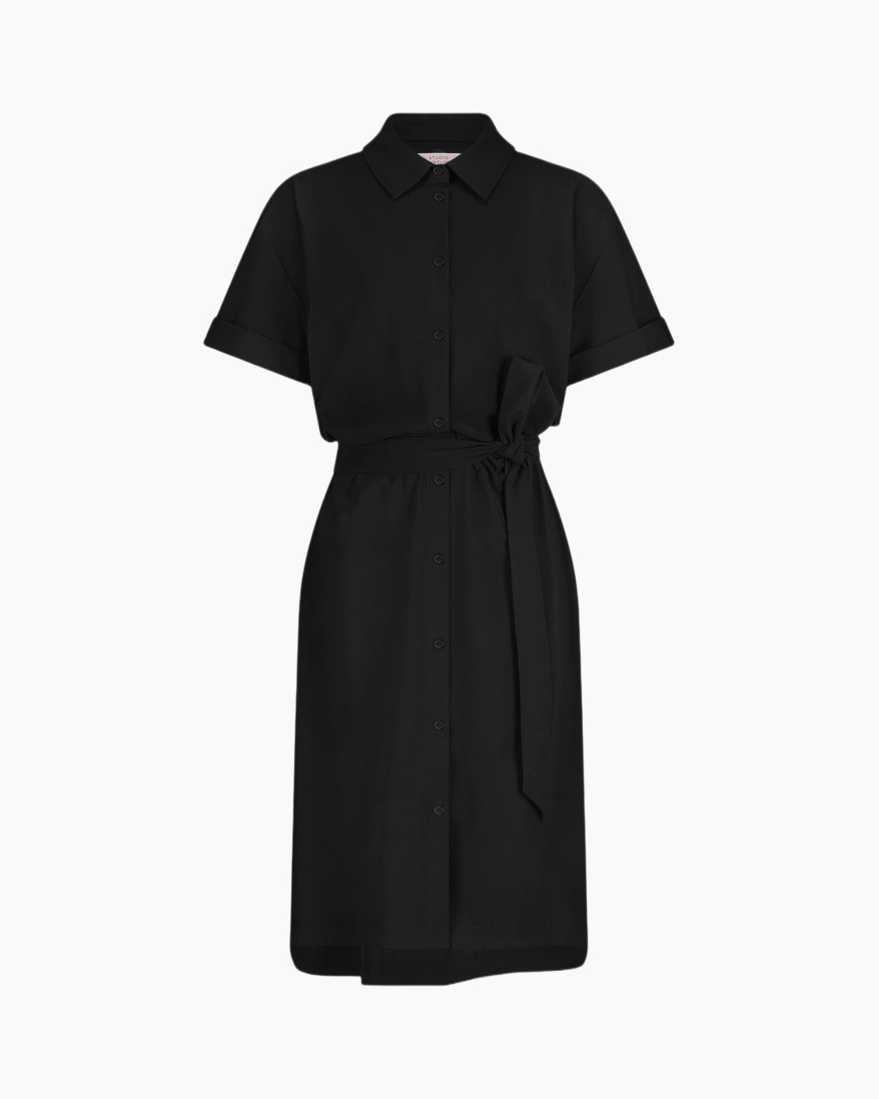 dress, black, shirt-dress, belt, short-sleeve