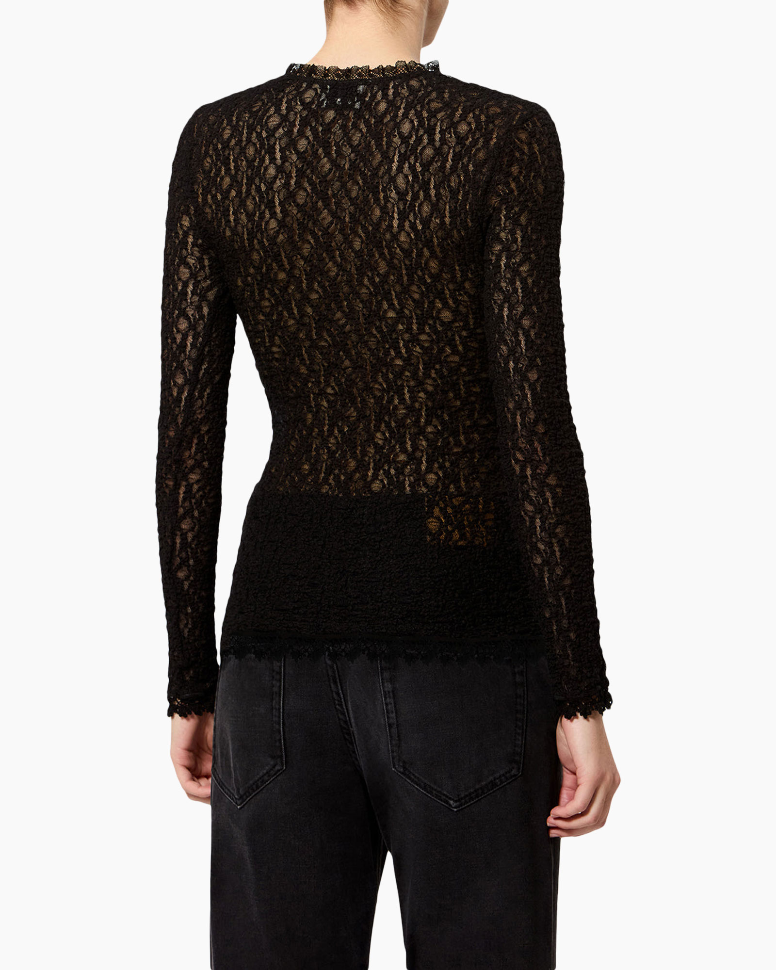 lace top, black top, long sleeve, sheer lace, high neck