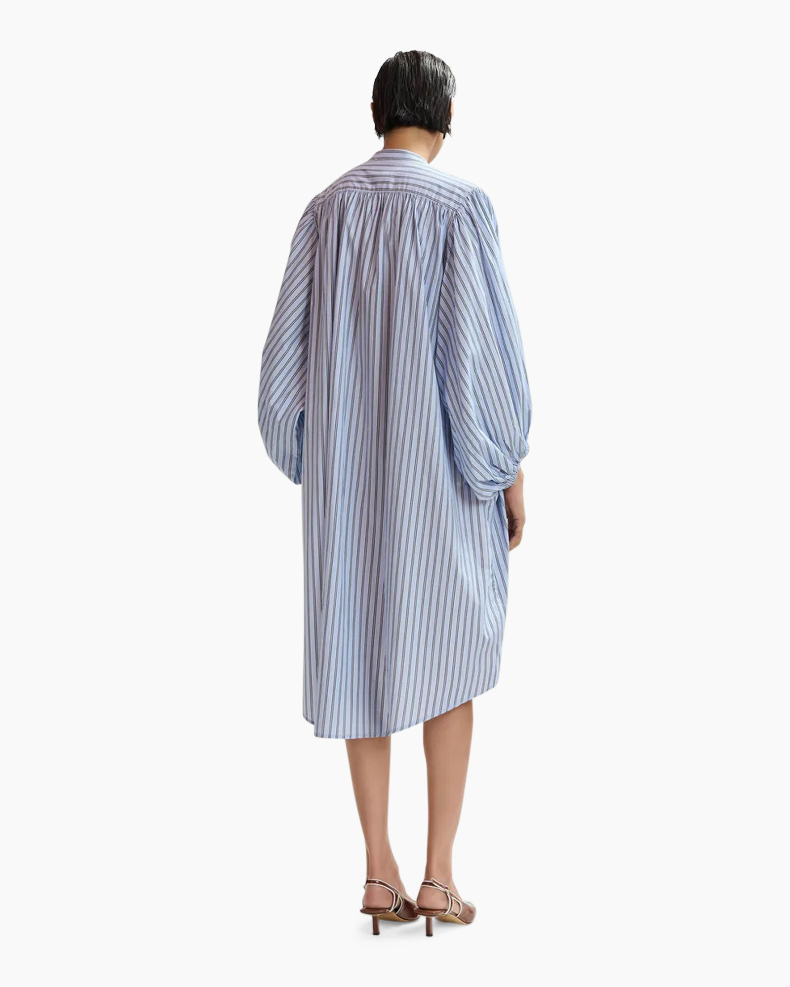 striped dress, blue striped, long shirt dress, loose fit, back view