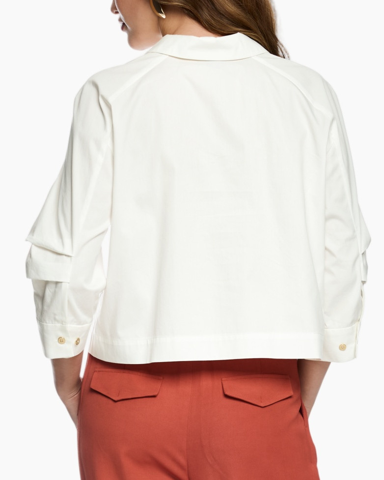 white shirt, collared shirt, button-down, pocket shirt, three-quarter sleeve