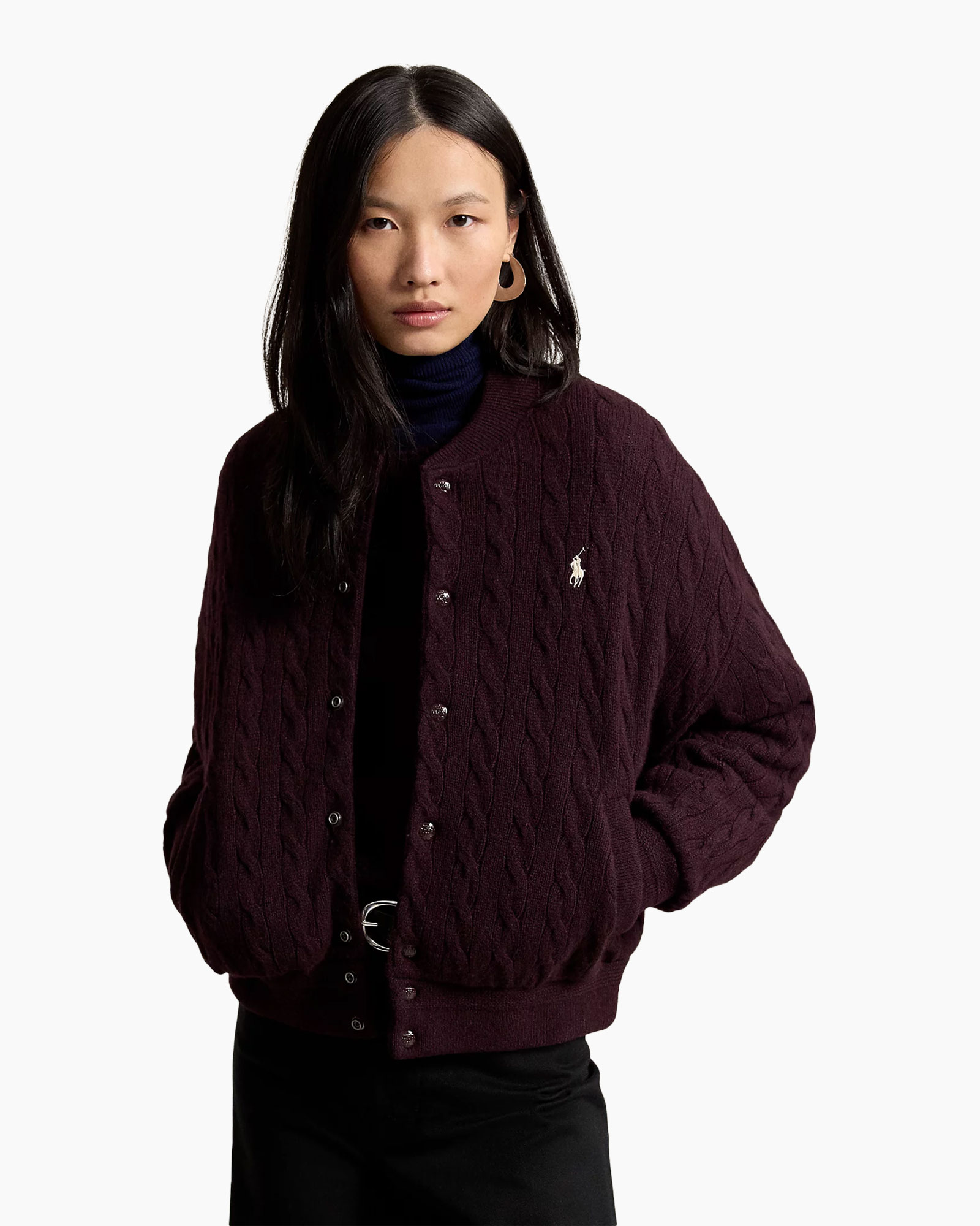 cardigan, cable knit, burgundy, logo polo, outerwear