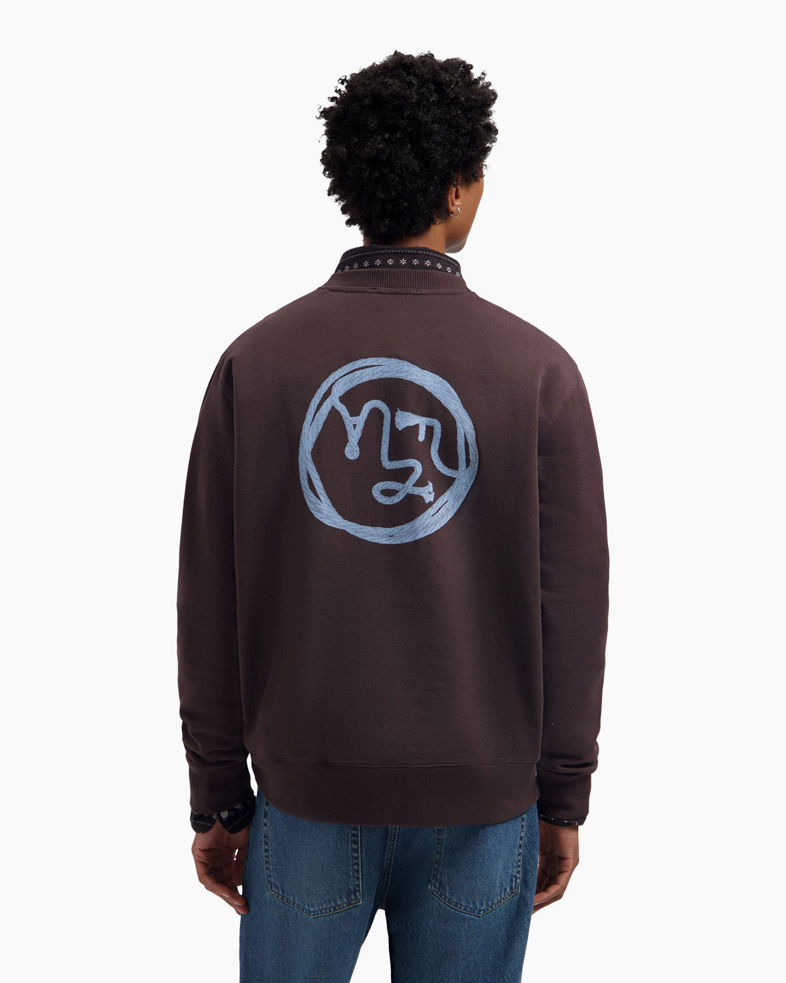 brown jacket, circle graphic, back view, long sleeves, crew neck