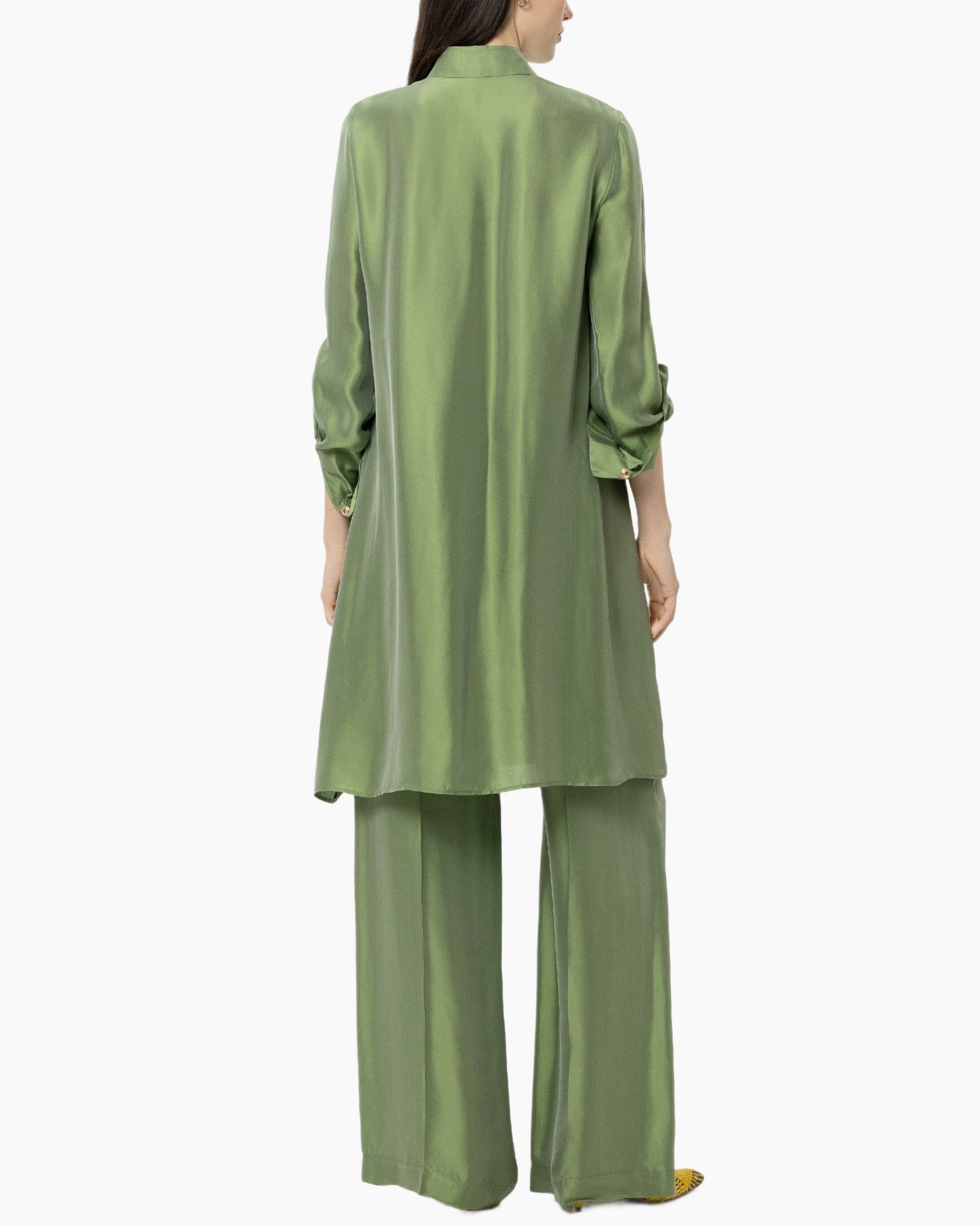 silk, green, long shirt, wide-leg, set (top and pants), back view