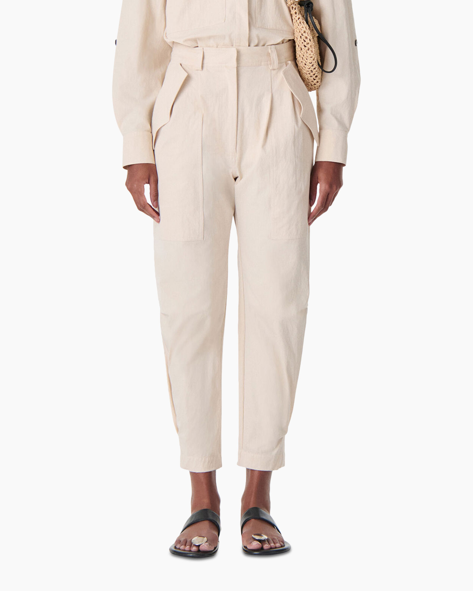 pants, cargo pants, beige, high waist, cropped length