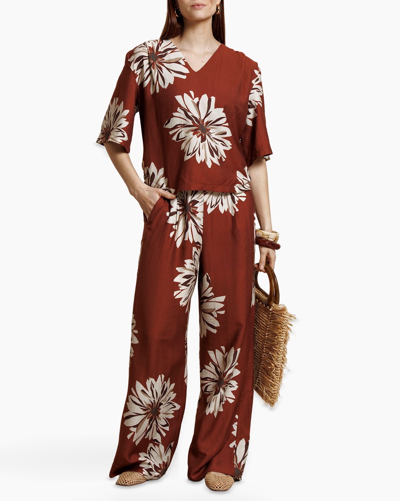 jumpsuit, floral, rust, wide-leg, short-sleeve