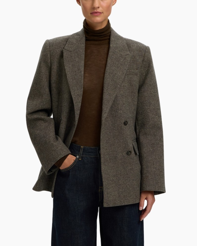 blazer, wide-shoulder, oversized, brown, herringbone