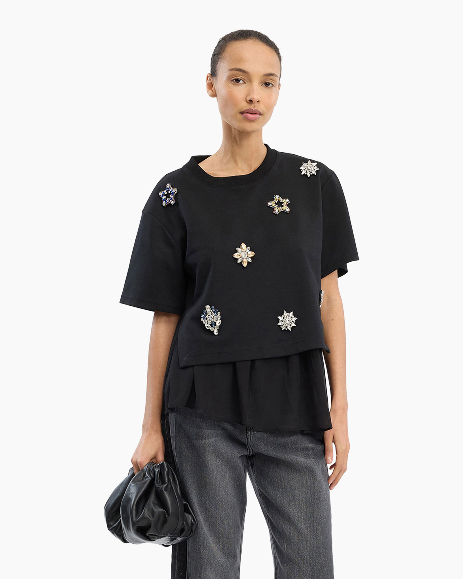 top, black, short-sleeve, decorative-embellishments, pouch-bag