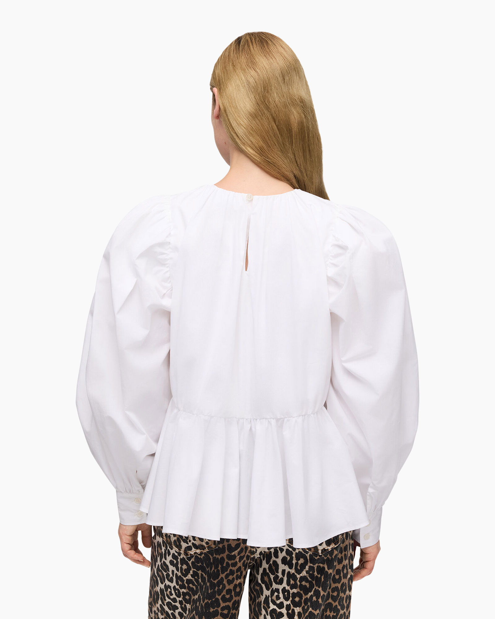 white blouse, puff sleeves, peplum hem, back keyhole, button cuffs