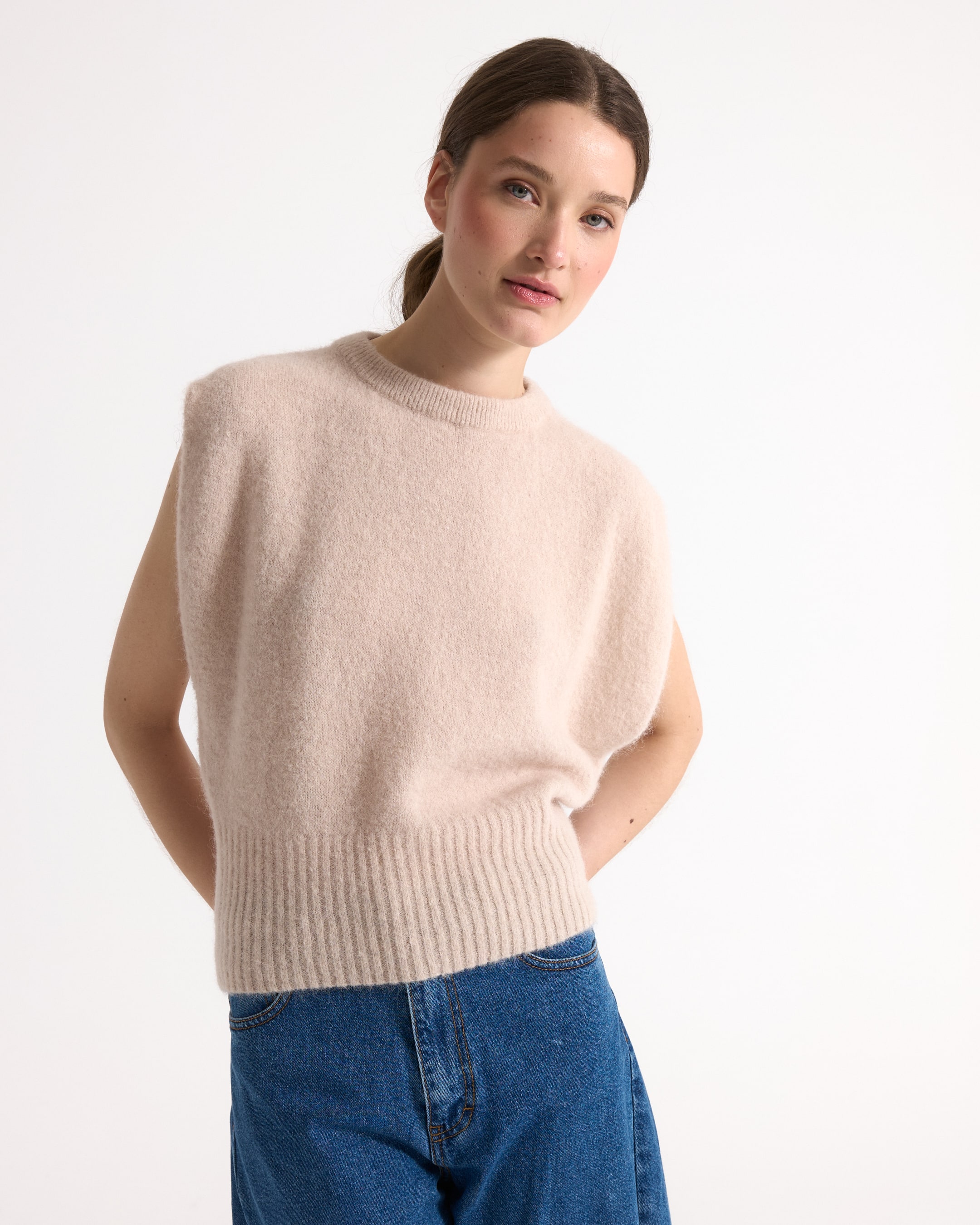 sweater, knitted, beige, sleeveless, casual