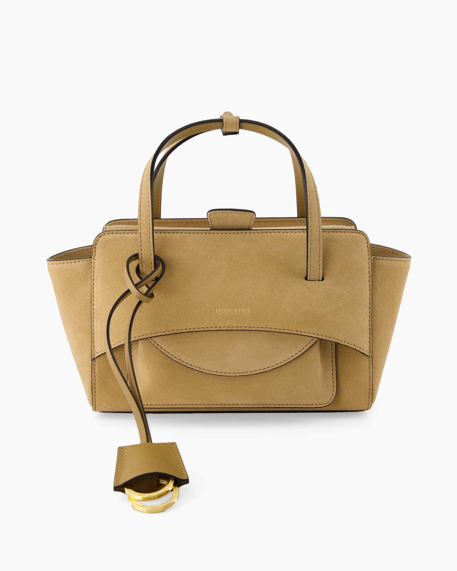tan bag, handbag, shoulder bag,  suede, pocket, strappy, foldover, gold hardware, tote style