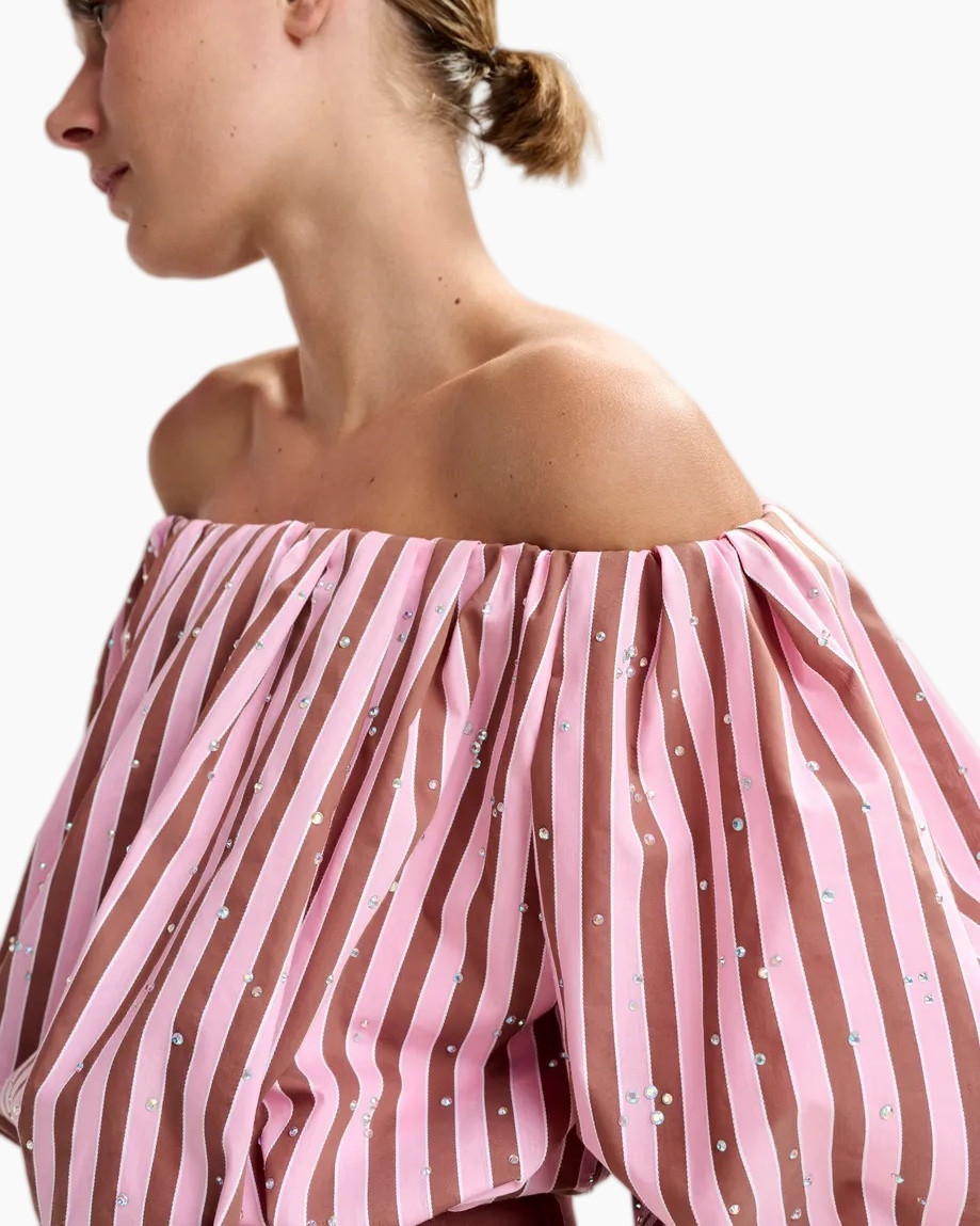 off-shoulder, pink, striped, sequin, blouse