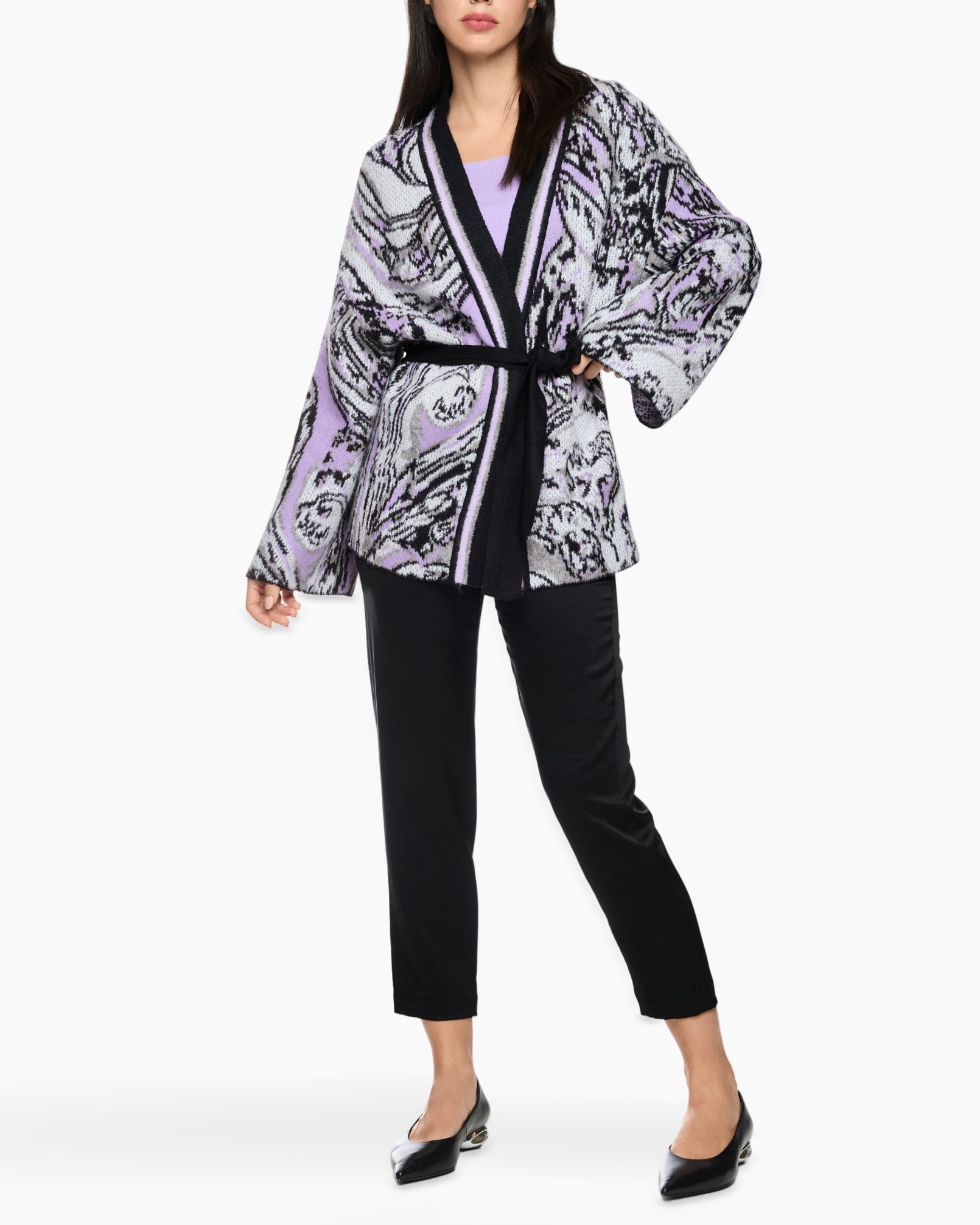 wrap cardigan, kimono, lavender, purple, belted cardigan