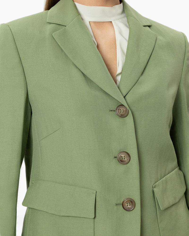 green blazer, buttoned blazer, notch lapel, pocket flap, single-breasted