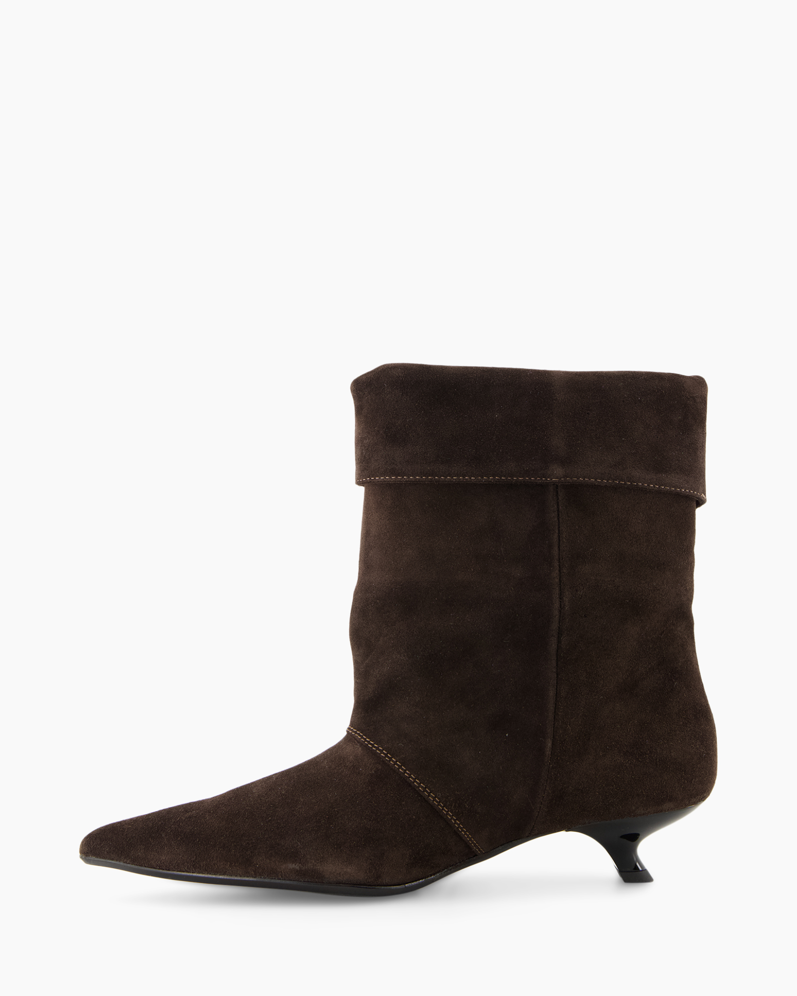 ankle boot, brown suede, mid heel, foldover shaft, pointed toe