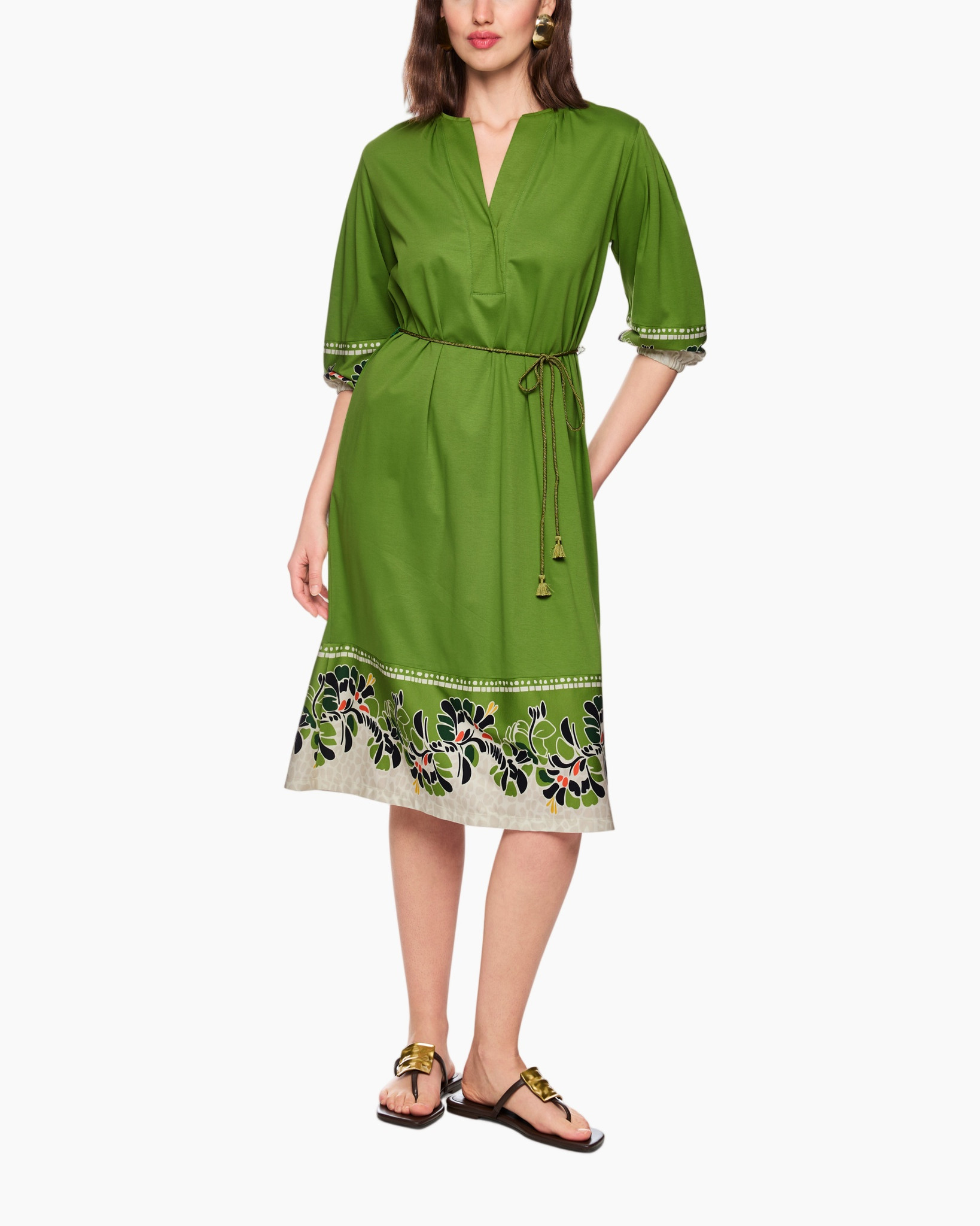 dress, green, embroidery, belt, sandals