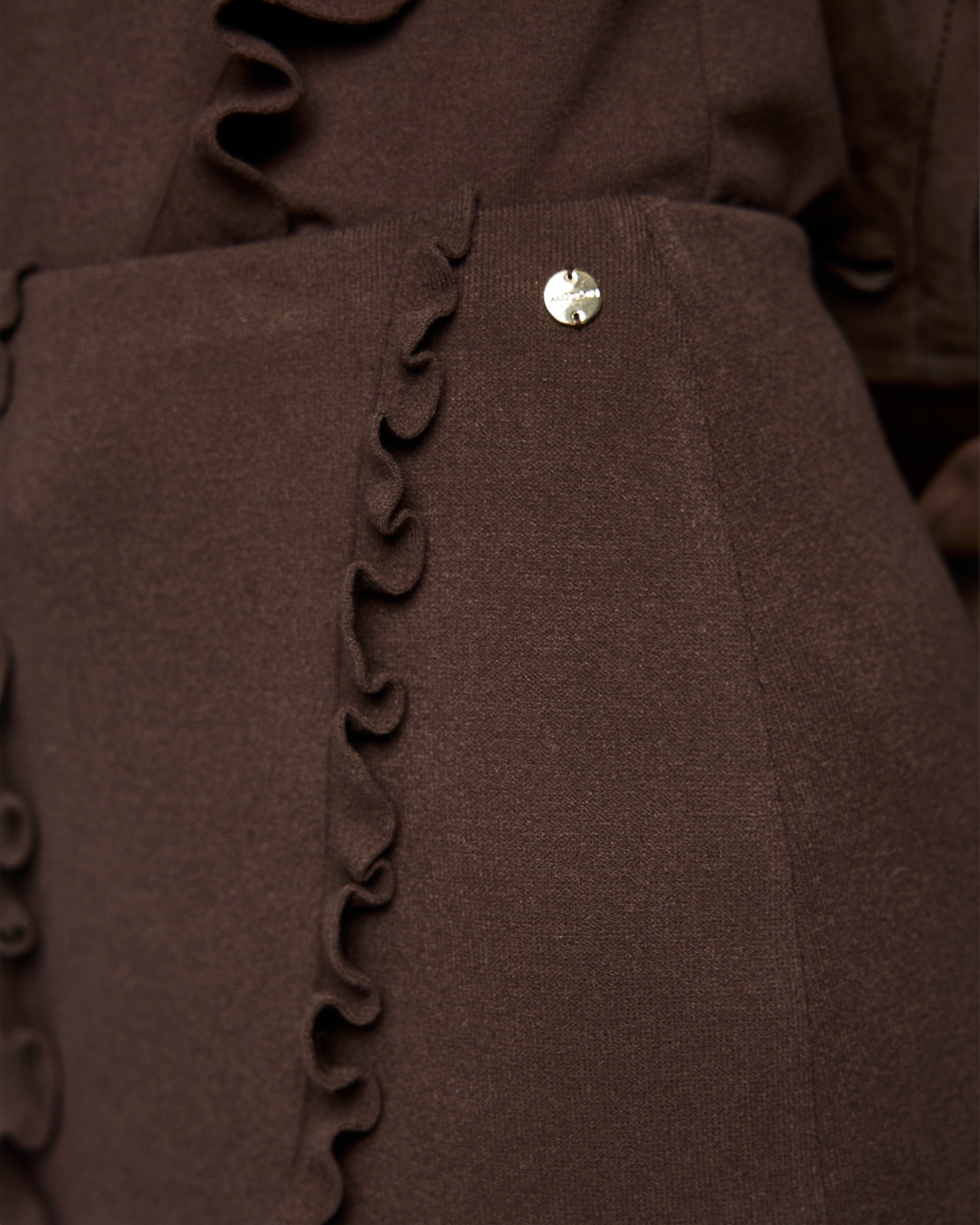 coat, brown, ruffle, button, fabric