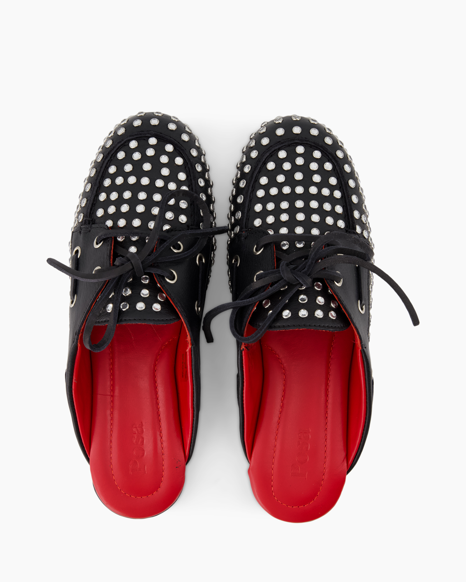 loafers, studded, black, red-insole, laces