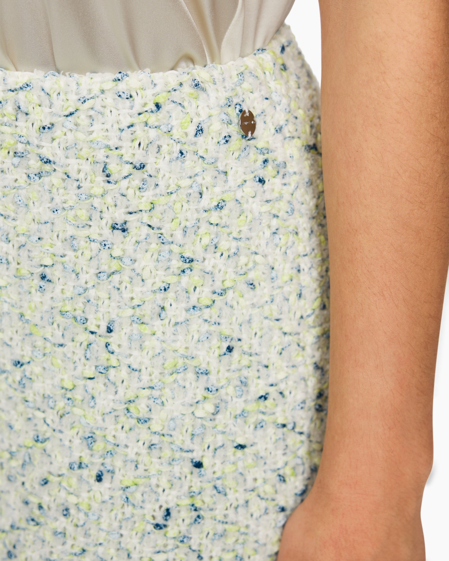 tweed, skirt, mixed fibers, textured, pocketless