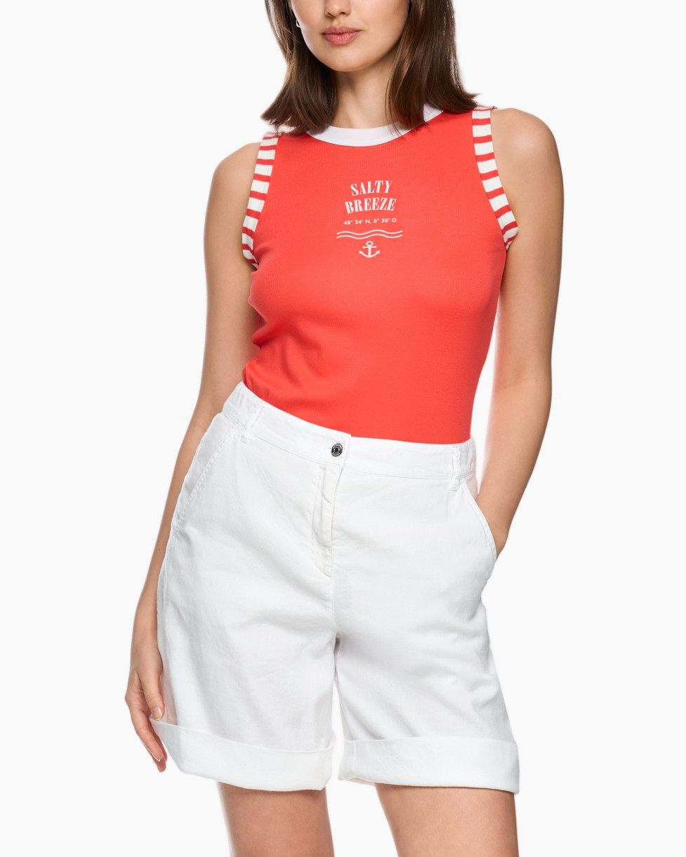 tank top, sleeveless, graphic text, red, white shorts