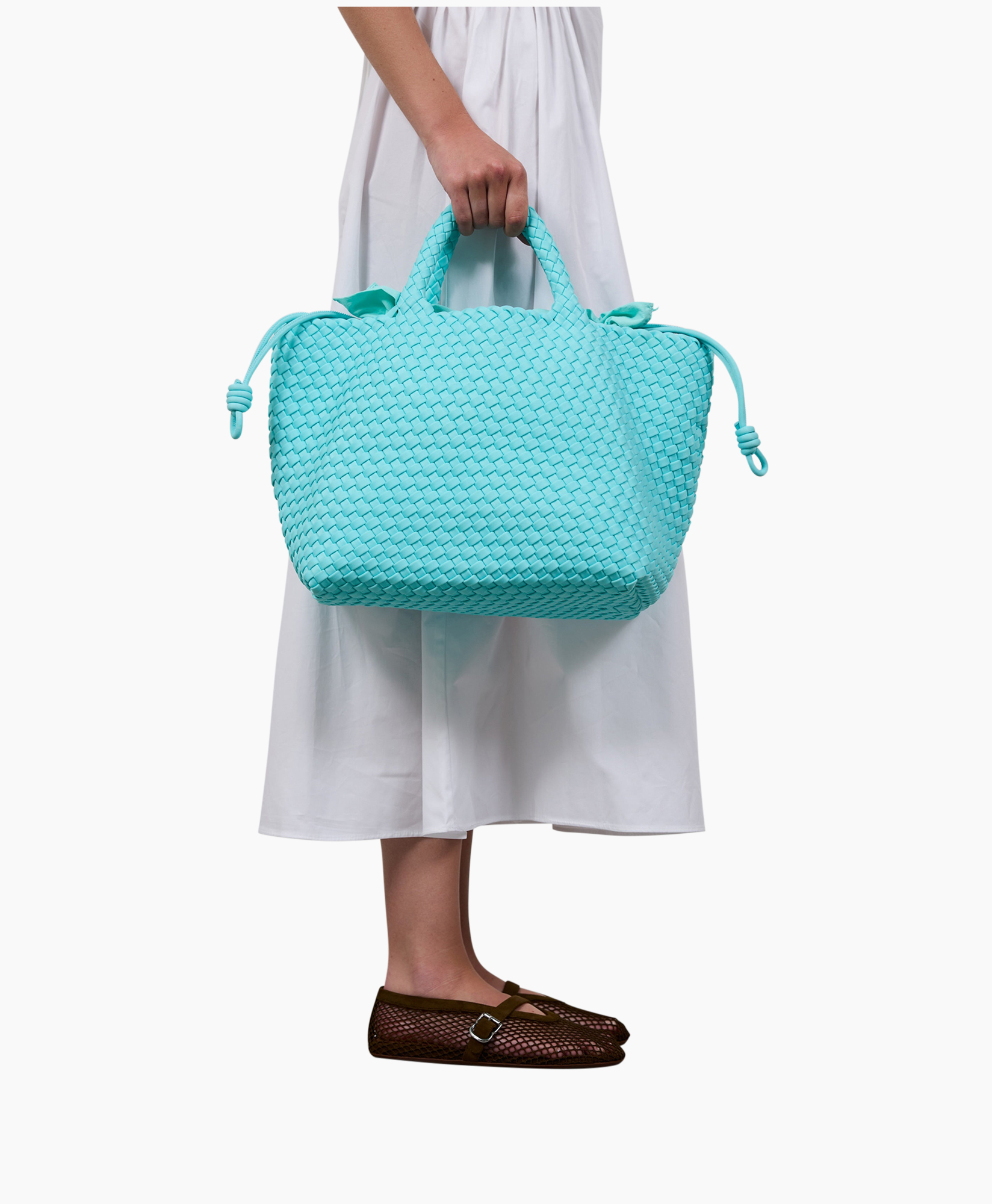 bag, basket, woven, turquoise, drawstring