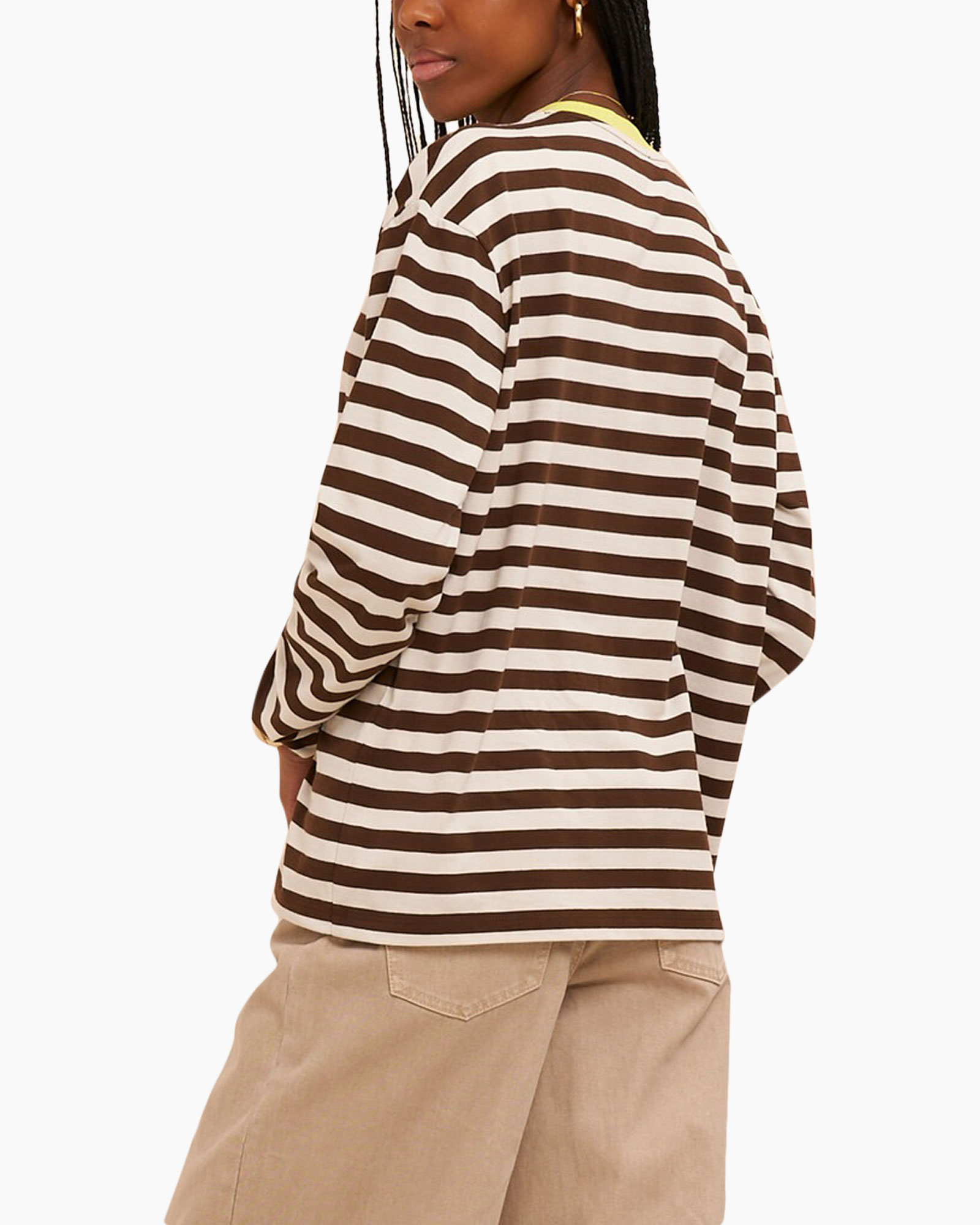 striped top, long sleeve, brown white, crew neck, casual shirt