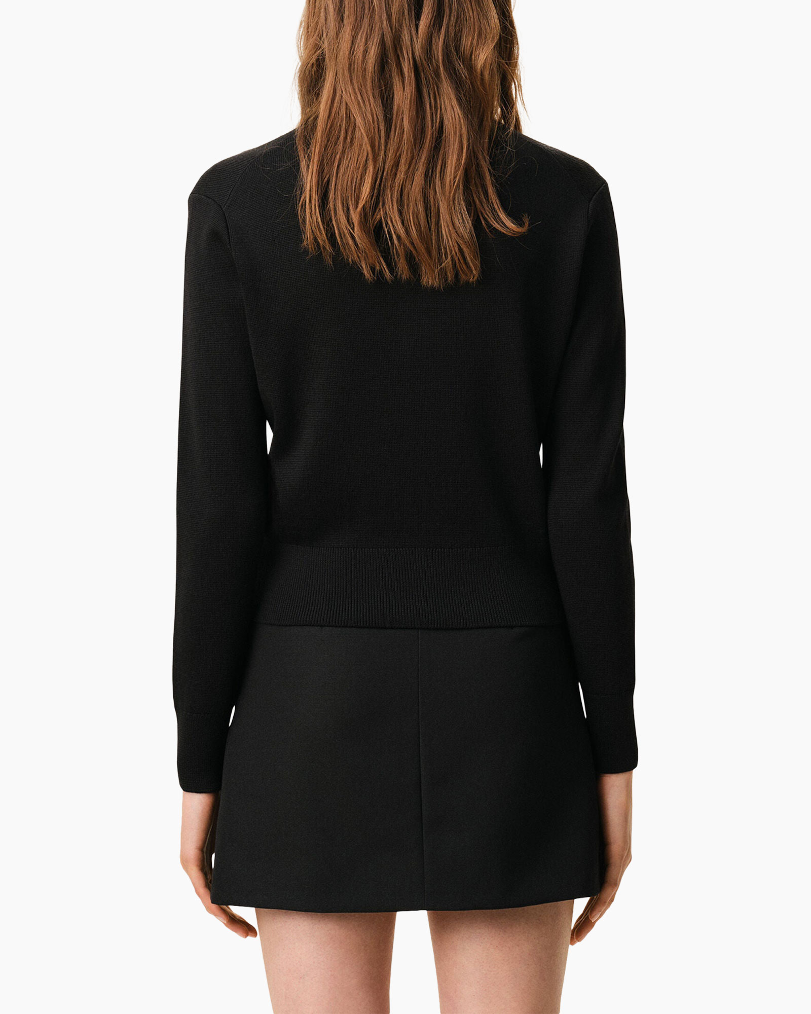 cardigan, black, knit, buttoned, belted