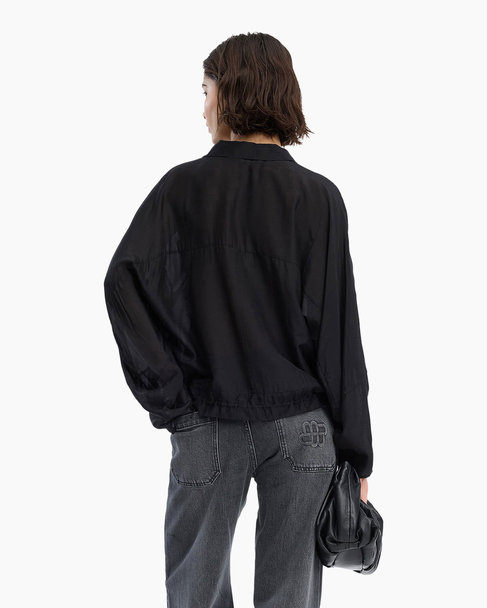 shirt, blouse, black, puff-sleeve, drawstring