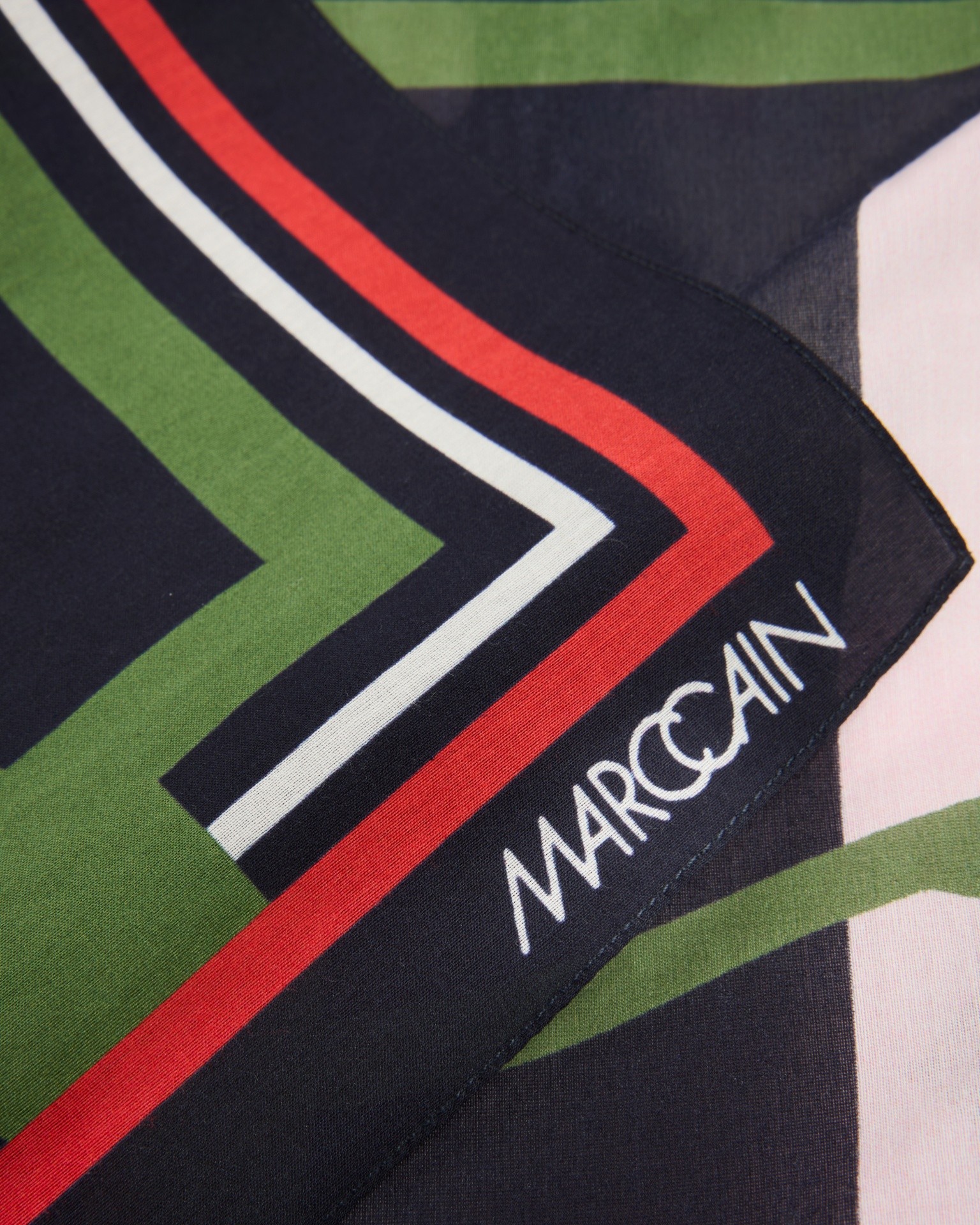 scarf, geometric, color block, navy, brand name visible