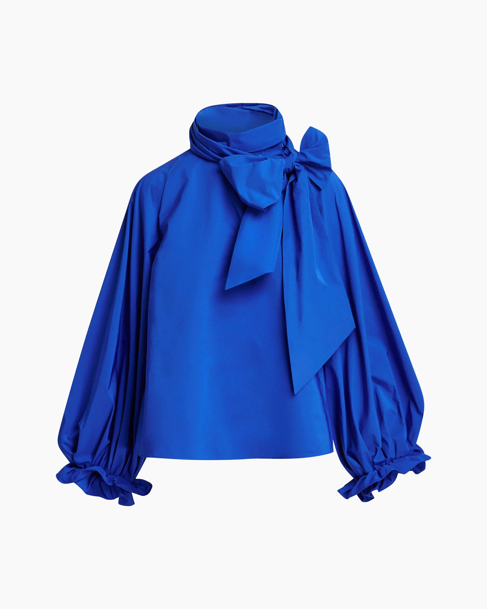 blouse, blue, puff sleeves, tie neck, high neck