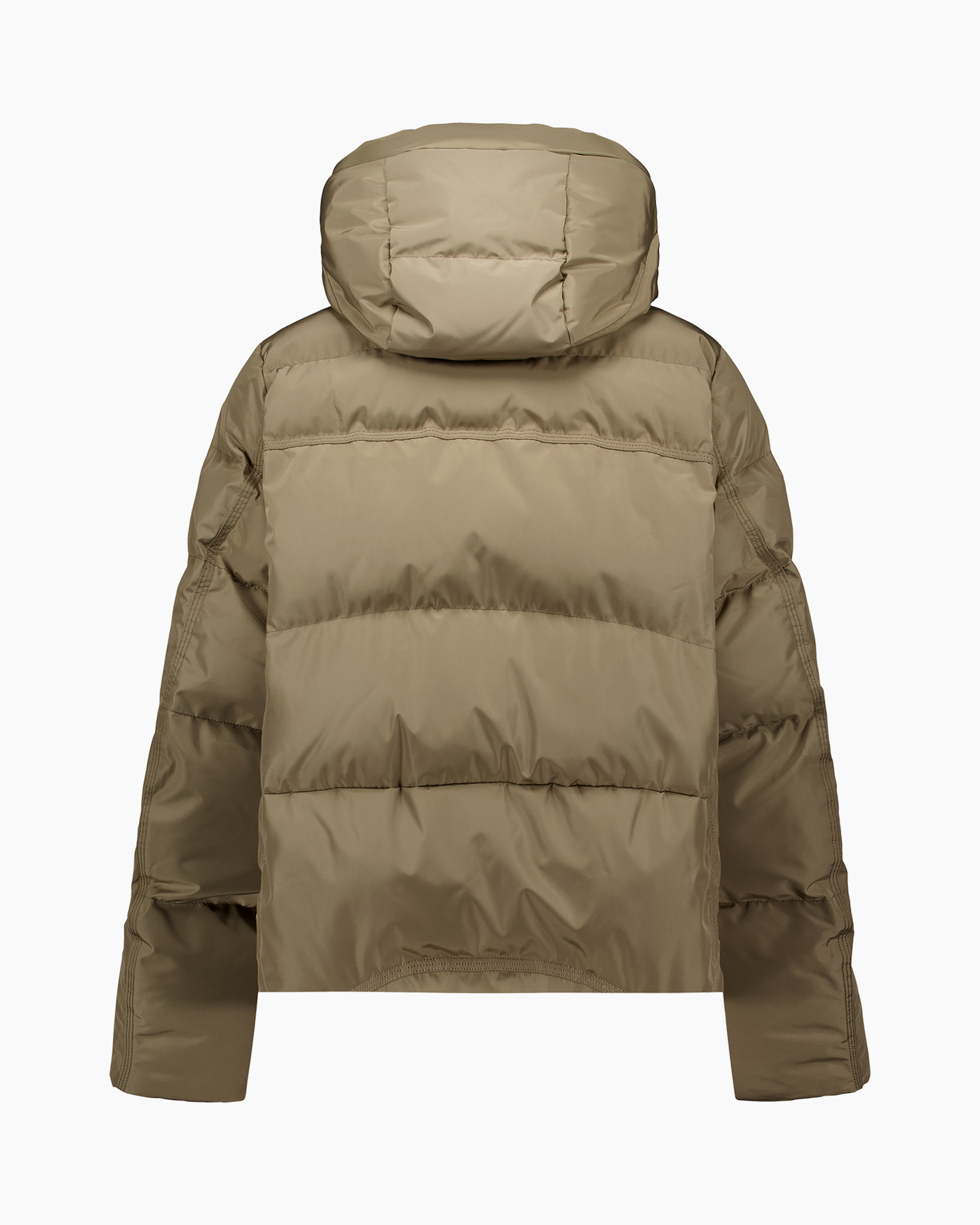 puffer jacket, camel color, hooded, down fill, quilted