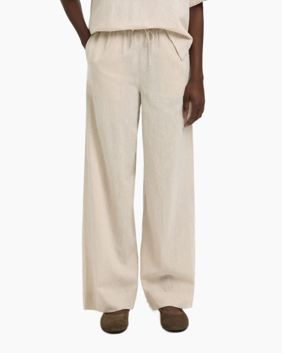 pants, linen, beige, wide-leg, drawstring