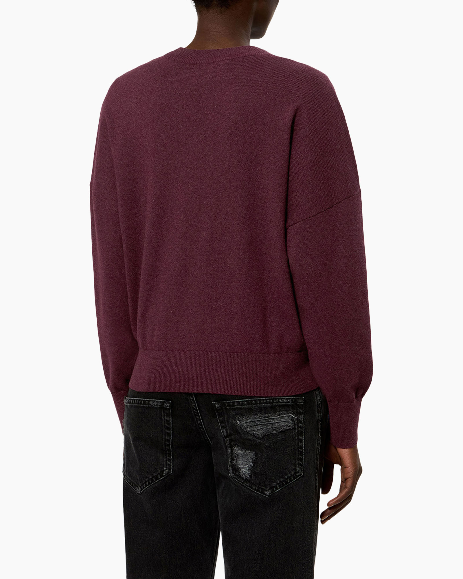 sweater, long-sleeve, crimson, maroon, back view