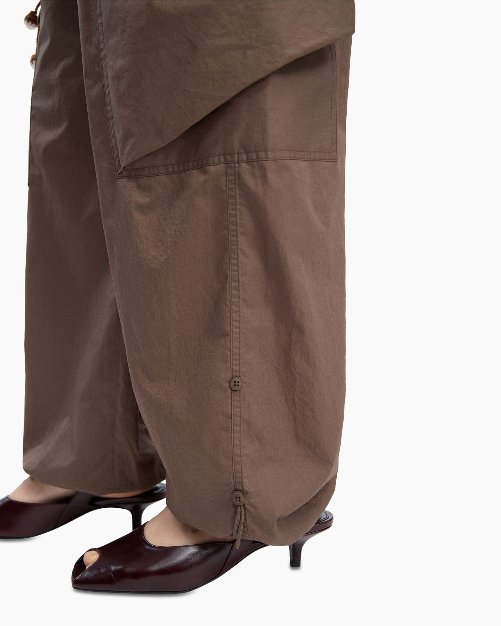 pants, wide-leg, brown, pocket, buttoned hem