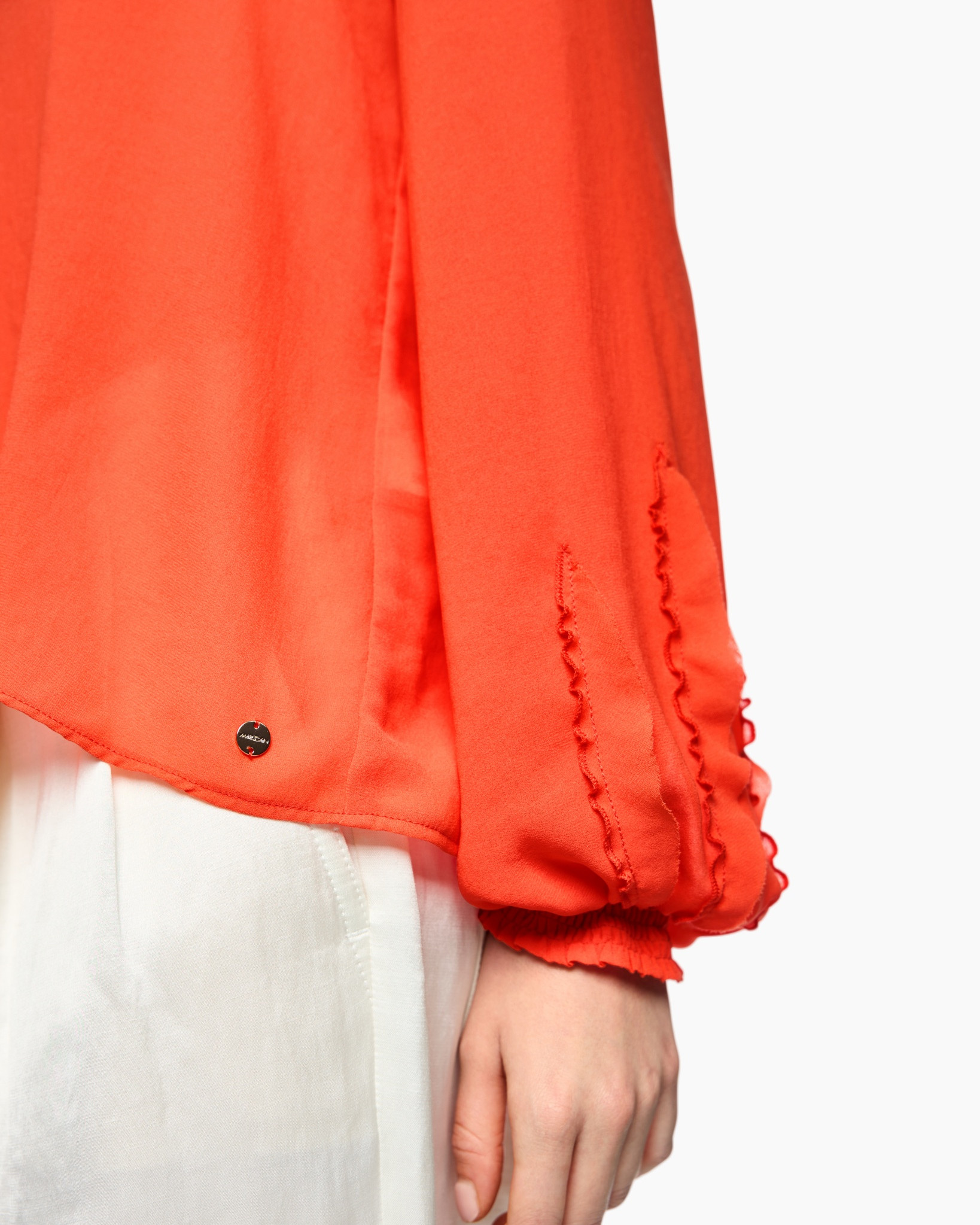 blouse, orange, longsleeve, elastic_cuff, hem_detail