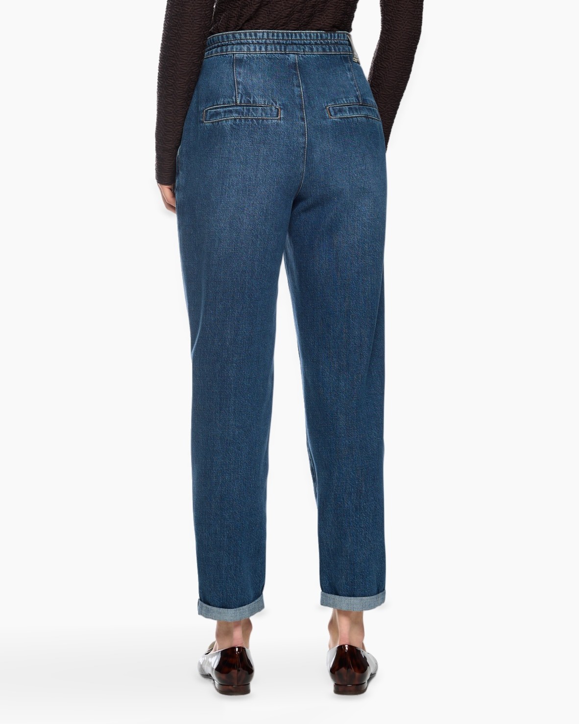 jeans, denim, bulky-waist, tapered-leg, rolled-cuff