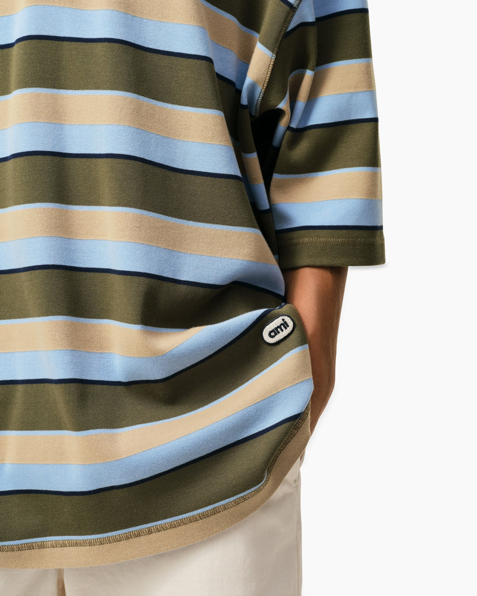 striped shirt, short sleeve, color blocks, khaki green blue, knit fabric