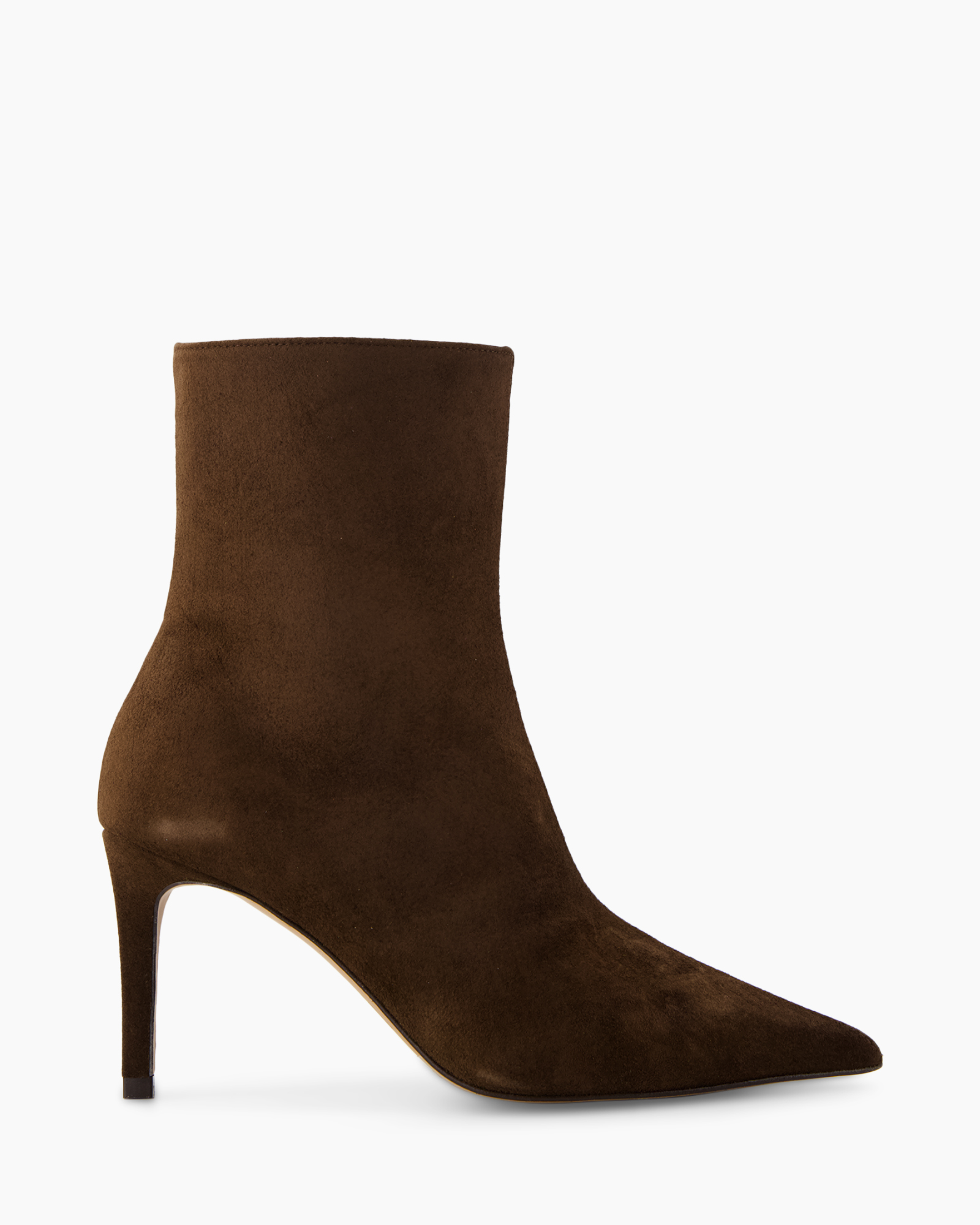 ankle boot, brown suede, mid heel, pointed toe, slim silhouette