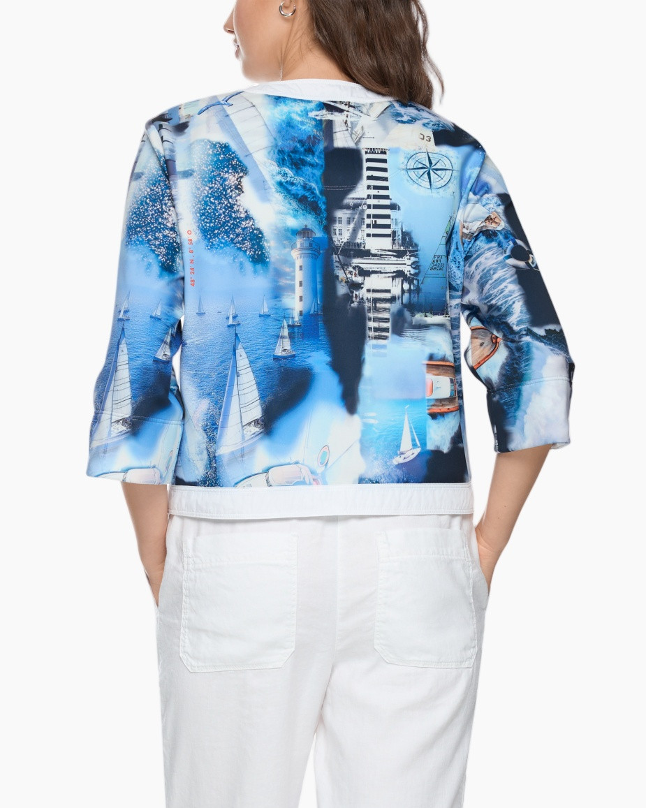 short-sleeve, cardigan, blue-print, collarless, buttoned