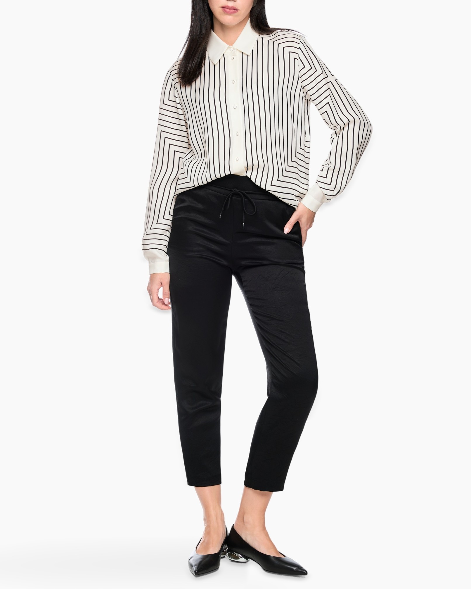blouse, striped, collared, long sleeves, black pants