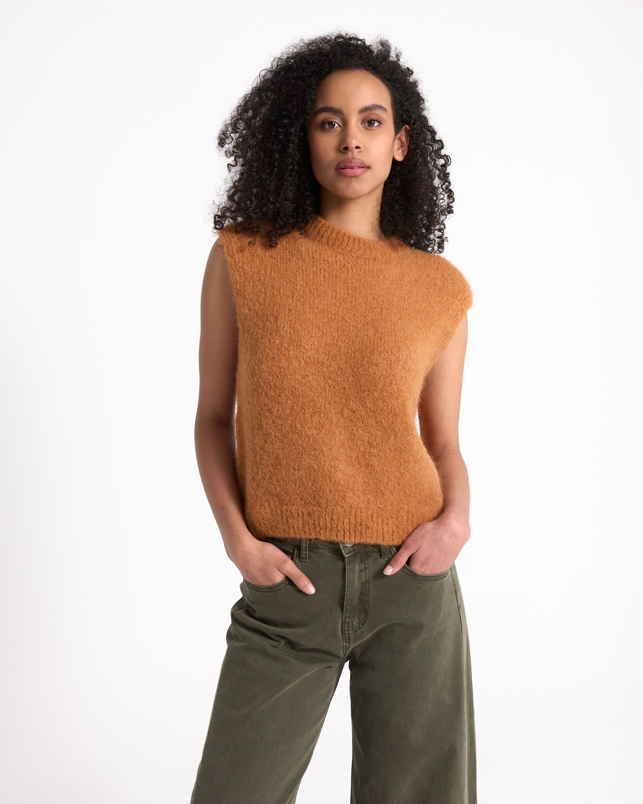 sleeveless sweater, orange top, fuzzy knit, knit tank, women's top