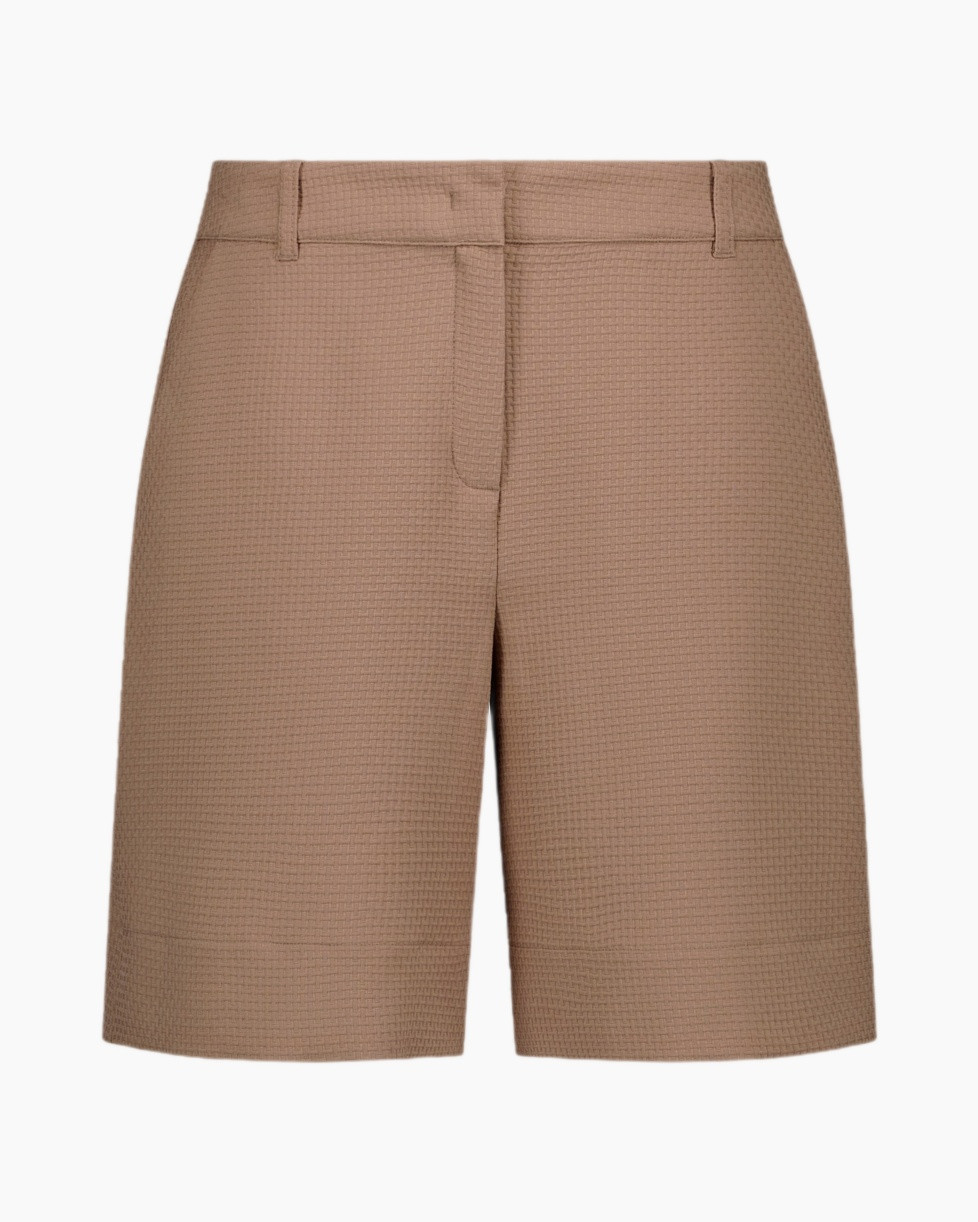 shorts, beige, woven, waisted, mid-length