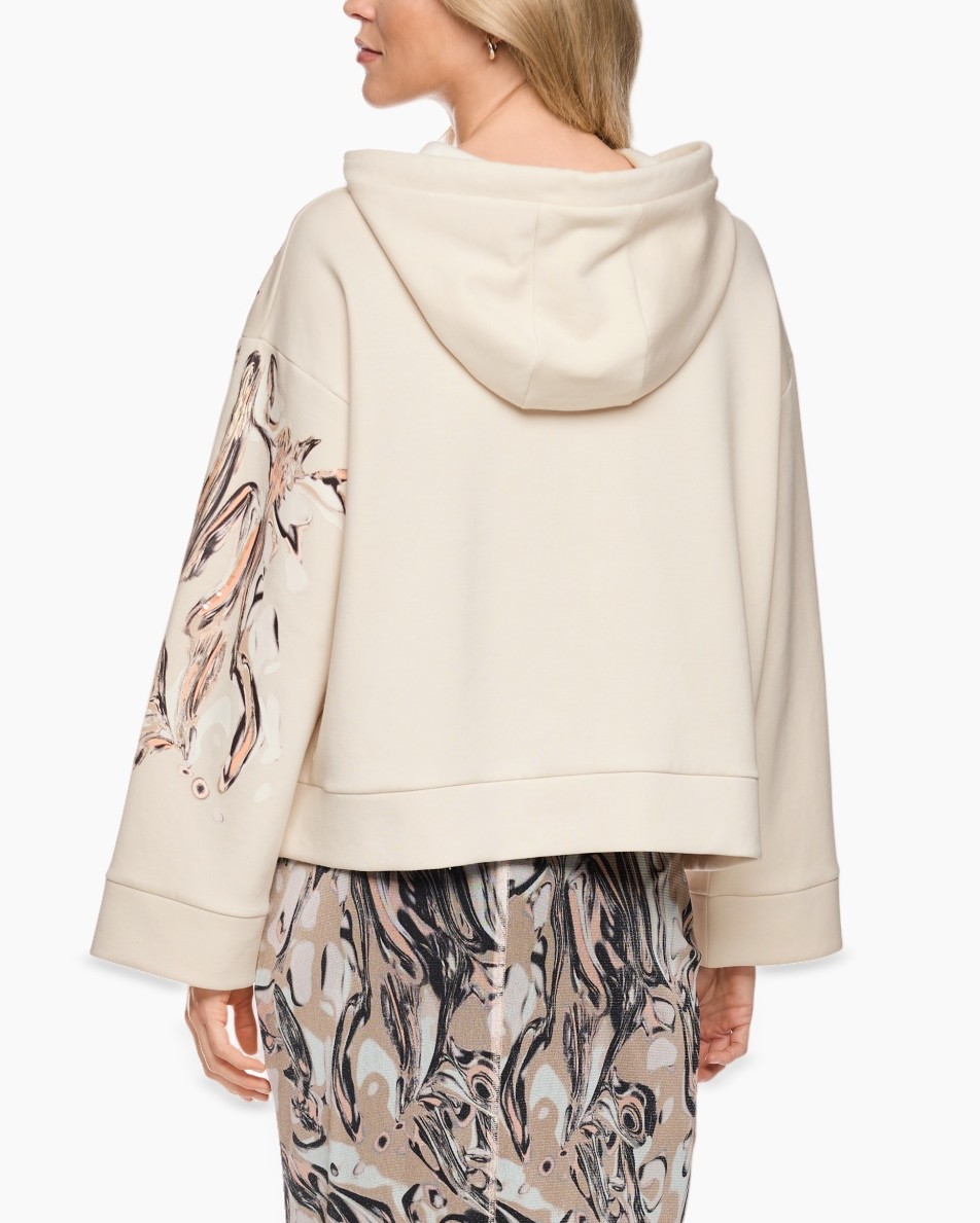 hoodie, long sleeve, beige, printed sleeve, drawstring hood