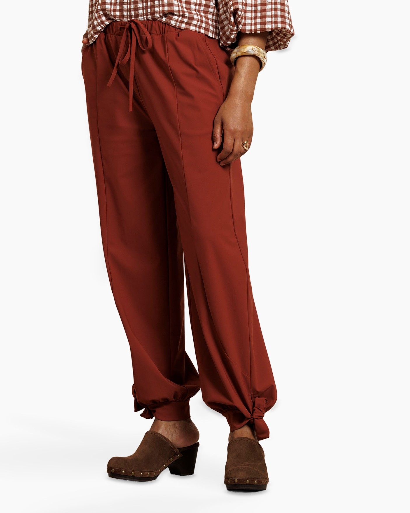 pants, drawstring, relaxed-fit, linen-like, rust-red